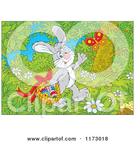 Cartoon of a Gray Easter Bunny Waving and Carrying Eggs in a Basket Through the Woods - Royalty Free Vector Clipart by Alex Bannykh