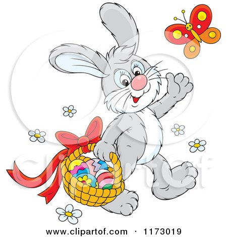 Cartoon of a Gray Easter Bunny Waving and Carrying Eggs in a Basket - Royalty Free Vector Clipart by Alex Bannykh