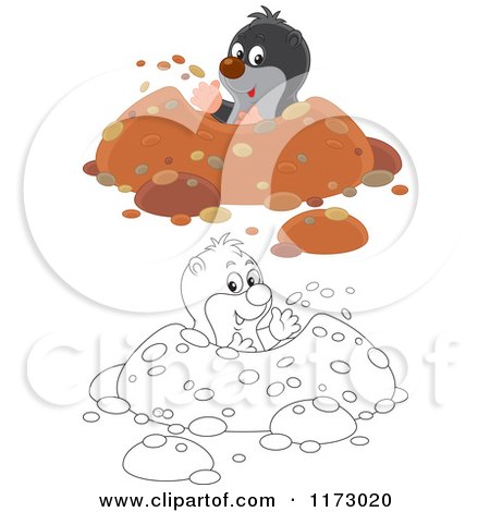 Cartoon of Black and Outlined Moles Waving from Their Holes - Royalty Free Vector Clipart by Alex Bannykh