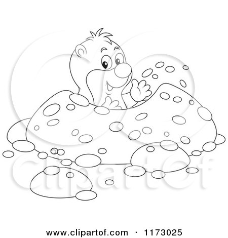Cartoon of an Outlined Mole Waving from a Hole - Royalty Free Vector