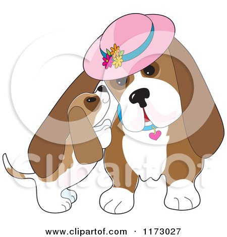 Cartoon of a Basset Hound Puppy Whispering in His Moms Ear - Royalty Free Vector Clipart by Maria Bell