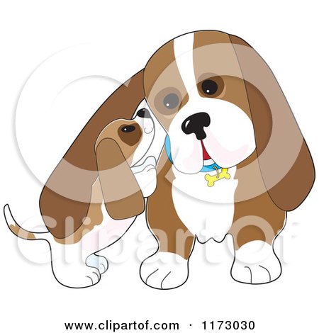 Cartoon of a Basset Hound Puppy Whispering in His Dads Ear - Royalty Free Vector Clipart by Maria Bell