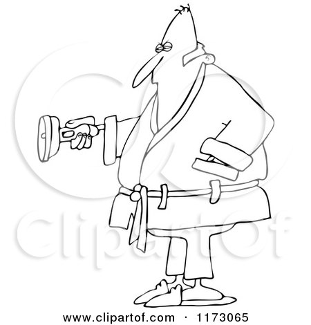 Cartoon of an Outlined Man in a Robe, Shining a Flashlight - Royalty Free Vector Clipart by djart