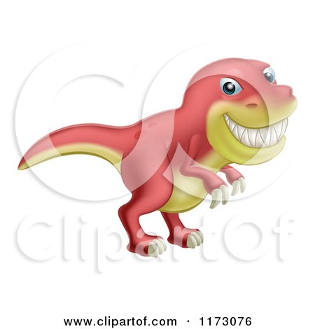 Cartoon of a Red and Yellow T Rex Dinosaur Grinning - Royalty Free Vector Clipart by AtStockIllustration