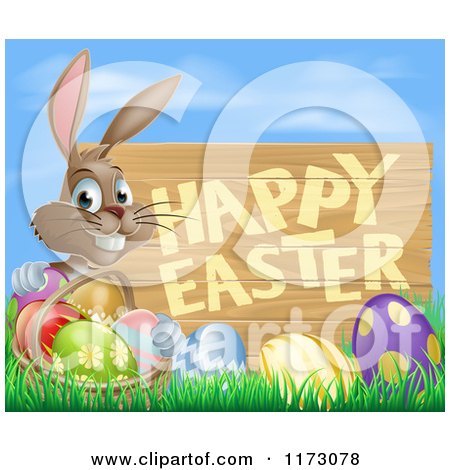 Cartoon of a Brown Bunny with a Basket and Easter Eggs in Grass, by a Happy Easter Sign and Blue Sky - Royalty Free Vector Clipart by AtStockIllustration