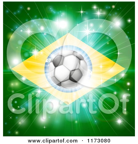 Clipart of a Soccer Ball over a Brazilian Flag with Fireworks - Royalty Free Vector Illustration by AtStockIllustration