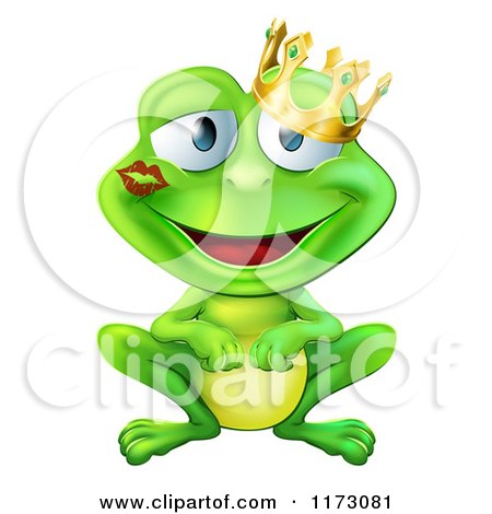 Cartoon of a Smitten Frog Prince with a Lipstick Kiss on His Cheek - Royalty Free Vector Clipart by AtStockIllustration