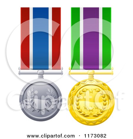 Clipart of Gold and Silver Military Style Medals on Striped Ribbons - Royalty Free Vector Illustration by AtStockIllustration