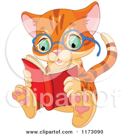 Cartoon of a Cute Ginger Cat Wearing Glasses and Reading a Book - Royalty Free Vector Clipart by Pushkin