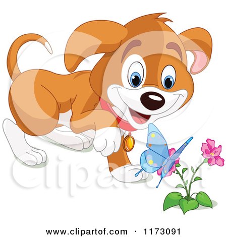 Cartoon of a Puppy Watching a Spring Butterfly on a Flower - Royalty Free Vector Clipart by Pushkin