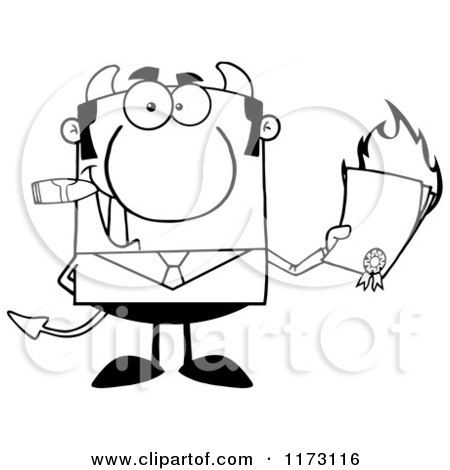 Cartoon of a Black and White Devil Businessman Smoking a Cigar and Holding a Burning Contract - Royalty Free Vector Clipart by Hit Toon