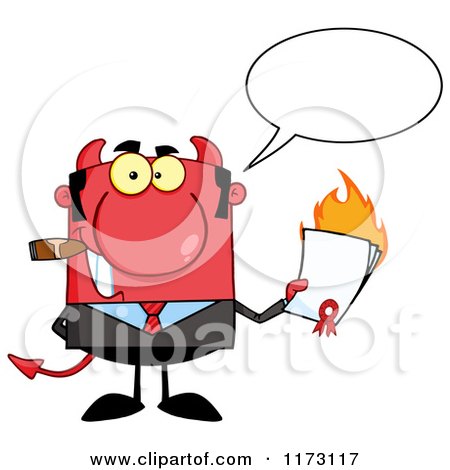 Cartoon of a Talking Devil Businessman Smoking a Cigar and Holding a Burning Contract - Royalty Free Vector Clipart by Hit Toon