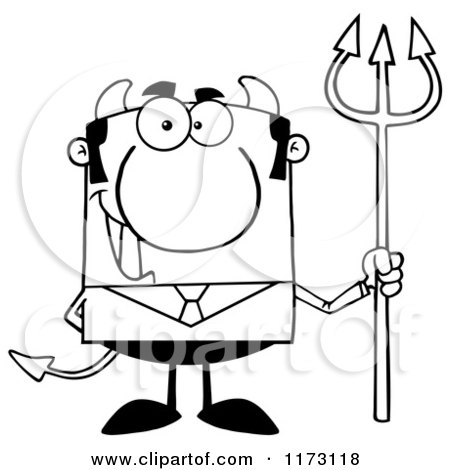 Cartoon of a Black and White Devil Businessman with a Pitchfork - Royalty Free Vector Clipart by Hit Toon
