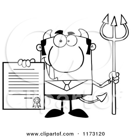 Cartoon of a Black and White Devil Businessman Holding a Contract and Pitchfork - Royalty Free Vector Clipart by Hit Toon