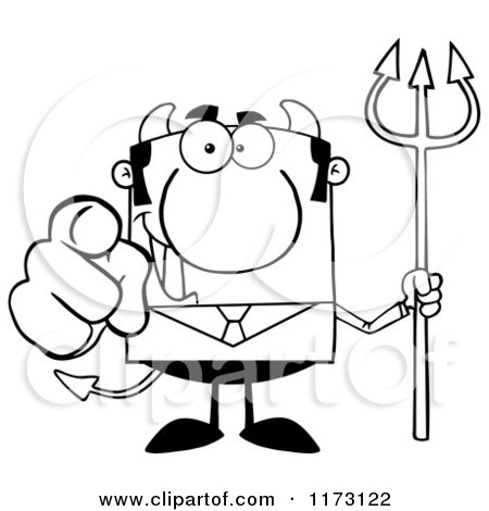 Cartoon of a Black and White Devil Businessman Pointing Outwards and Holding a Pitchfork - Royalty Free Vector Clipart by Hit Toon