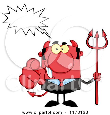 Cartoon of a Talking Devil Businessman Pointing Outwards and Holding a Pitchfork - Royalty Free Vector Clipart by Hit Toon
