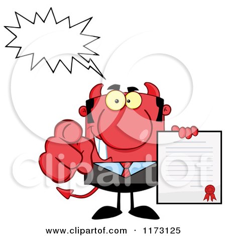 Cartoon of a Talking Devil Businessman Pointing Outwards and Holding a Contract - Royalty Free Vector Clipart by Hit Toon