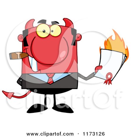 Cartoon of a Devil Businessman Smoking a Cigar and Holding a Burning Contract - Royalty Free Vector Clipart by Hit Toon