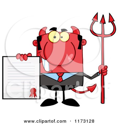 Cartoon of a Devil Businessman Holding a Contract and Pitchfork - Royalty Free Vector Clipart by Hit Toon