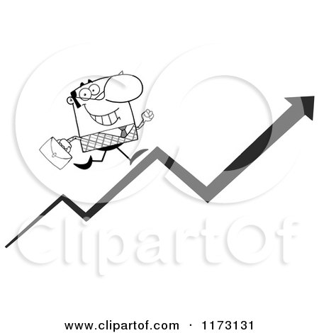 Cartoon of a Grayscale Businessman Running up a Success Arrow - Royalty Free Vector Clipart by Hit Toon