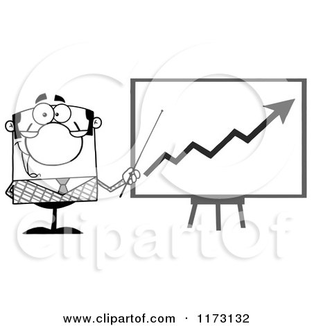 Cartoon of a Grayscale Businessman Presenting a Growth Statistics Chart - Royalty Free Vector Clipart by Hit Toon