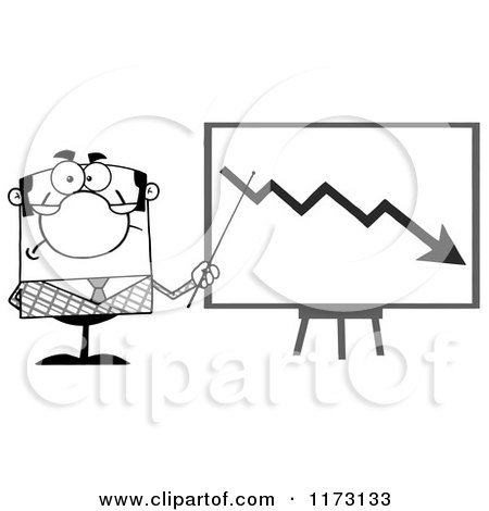 Cartoon of a Grayscale Businessman Presenting a Decline Statistics Chart - Royalty Free Vector Clipart by Hit Toon