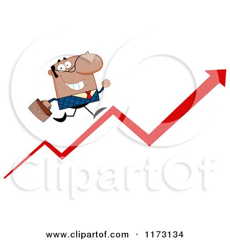 Cartoon of a Black Businessman Running up a Success Arrow - Royalty Free Vector Clipart by Hit Toon