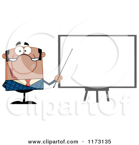 Cartoon of a Black Businessman Presenting by a Blank Board - Royalty Free Vector Clipart by Hit Toon