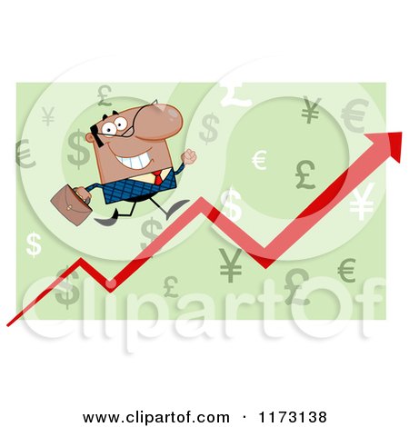 Cartoon of a Black Businessman Running up a Success Arrow over Green - Royalty Free Vector Clipart by Hit Toon