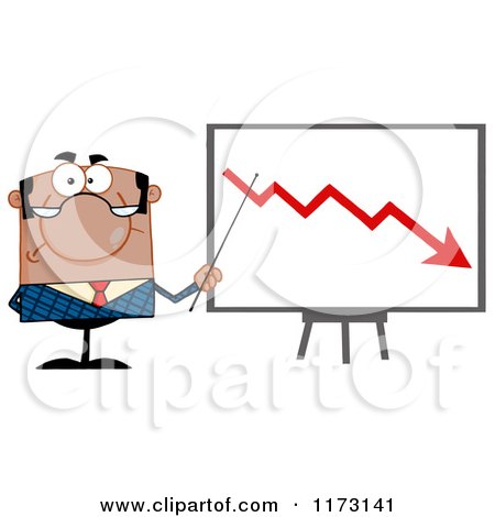 Cartoon of a Black Unhappy Businessman Presenting a Decline Statistics Chart - Royalty Free Vector Clipart by Hit Toon