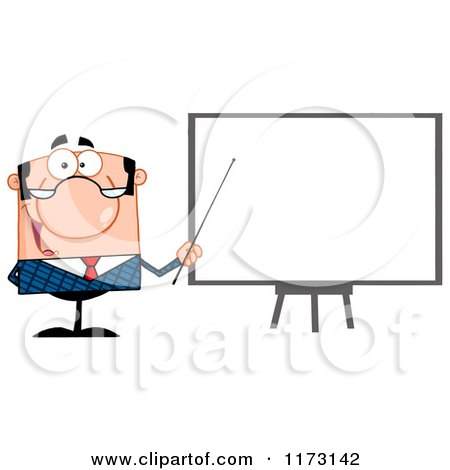 Cartoon of a White Businessman Presenting by a Blank Board - Royalty Free Vector Clipart by Hit Toon