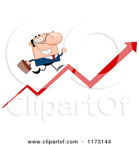 Cartoon of a White Businessman Running up a Success Arrow - Royalty Free Vector Clipart by Hit Toon