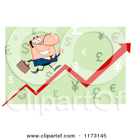 Cartoon of a White Businessman Running up a Success Arrow over Green - Royalty Free Vector Clipart by Hit Toon
