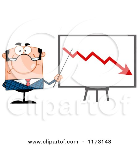 Cartoon of a White Unhappy Businessman Presenting a Decline Statistics Chart - Royalty Free Vector Clipart by Hit Toon