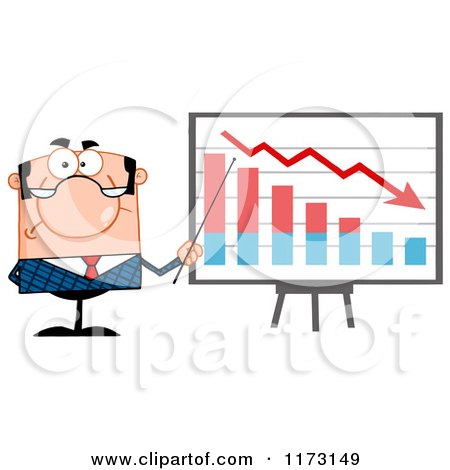 Cartoon of a White Unhappy Businessman Presenting a Decline Statistics Graph - Royalty Free Vector Clipart by Hit Toon