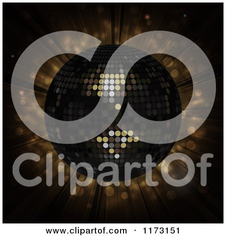 Clipart of a 3d Black Disco Ball over Brown Flares - Royalty Free Vector Illustration by elaineitalia