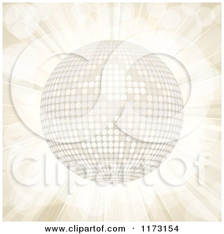 Clipart of a 3d White Disco Ball on a Beige Burst - Royalty Free Vector Illustration by elaineitalia
