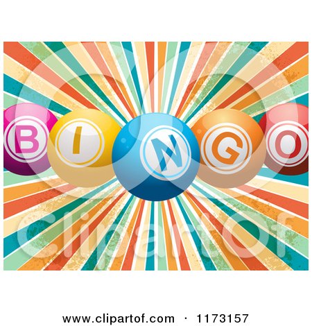 Clipart of 3d Colorful Bingo Balls over a Grungy Retro Burst - Royalty Free Vector Illustration by elaineitalia