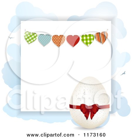 Clipart of an Easter Egg with a Bow over Clouds with Bunting Flags and Copyspace - Royalty Free Vector Illustration by elaineitalia