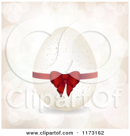 Clipart of a 3d Speckled Easter Egg with a Bow over Flares - Royalty Free Vector Illustration by elaineitalia