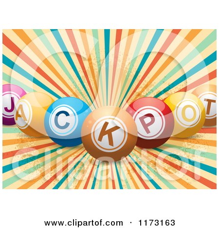 Clipart of 3d Colorful Jackpot Balls over a Retro Burst - Royalty Free Vector Illustration by elaineitalia