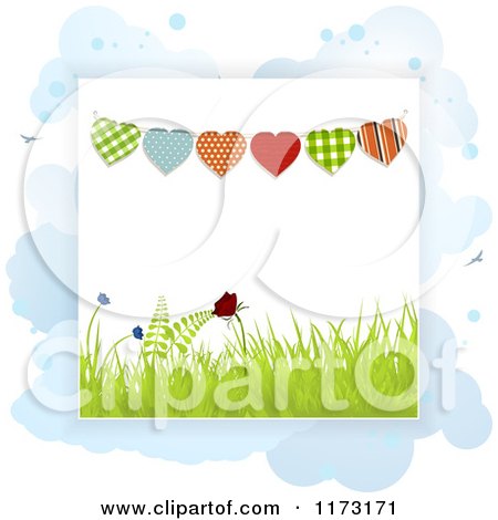 Clipart of Heart Buntings over Spring Grass and Butterflies on Clouds - Royalty Free Vector Illustration by elaineitalia