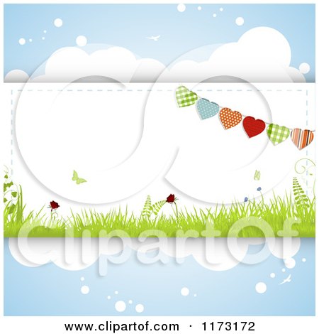 Clipart of Heart Buntings and Spring Grass and Butterflies on Clouds - Royalty Free Vector Illustration by elaineitalia