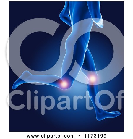 Clipart of a 3d Xray Man Running with Glowing Knee Joints - Royalty Free CGI Illustration by KJ Pargeter
