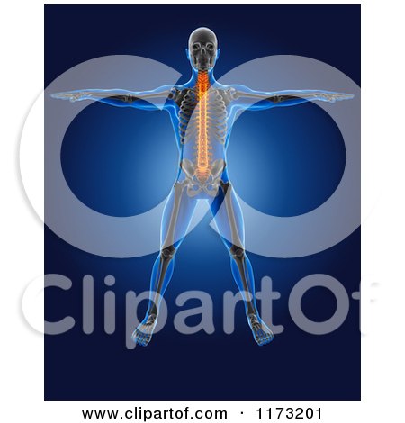 Clipart of a 3d Standing Xray Man with a Glowing Spine and Visible Skeleton - Royalty Free CGI Illustration by KJ Pargeter