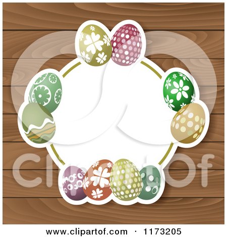 Clipart of a White Frame with Easter Eggs over Wood - Royalty Free Vector Illustration by KJ Pargeter