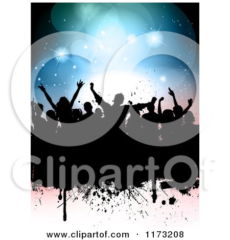 Clipart of a Silhouetted Party Crowd over Grunge and Flares - Royalty Free Vector Illustration by KJ Pargeter