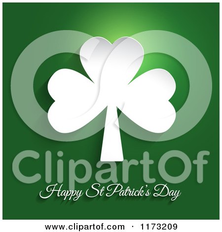 Clipart of a Happy St Patricks Day and White Shamrock Clover on Green - Royalty Free Vector Illustration by KJ Pargeter