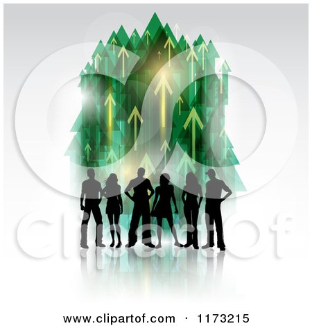 Clipart of a Silhouetted Group of People over Green and Yellow Arrows Pointing up on Gray - Royalty Free Vector Illustration by KJ Pargeter