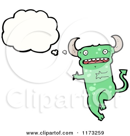 Cartoon of Green Devil with Conversation Bubble - Royalty Free Vector Illustration by lineartestpilot